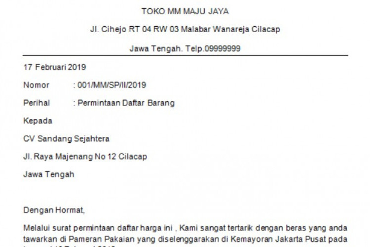 Contoh Surat Semi Block Style (Bentuk Setengah Lurus), Digunakan Untuk Undangan Pernikahan