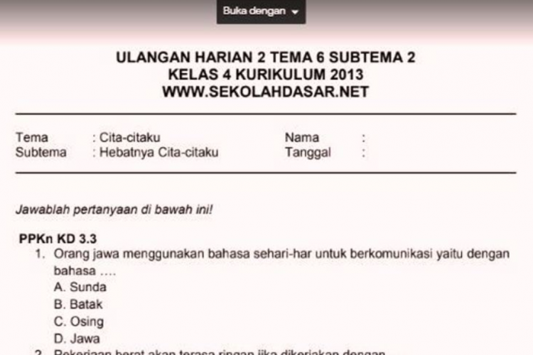 Contoh Soal di Buku Tematik 6 Kelas 4 SD Kurikulum Merdeka, Tersedia dengan Jawaban Lengkap