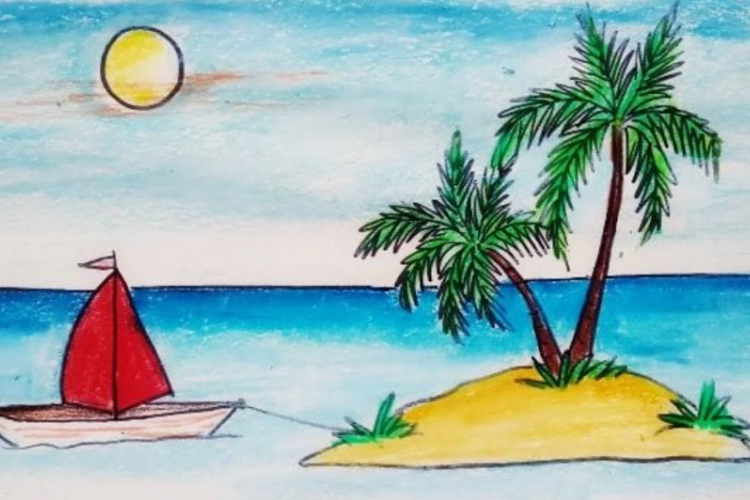 Gambar Pemandangan Pantai Sunset dengan Crayon, Hasil Cantik Mudah Ditirukan